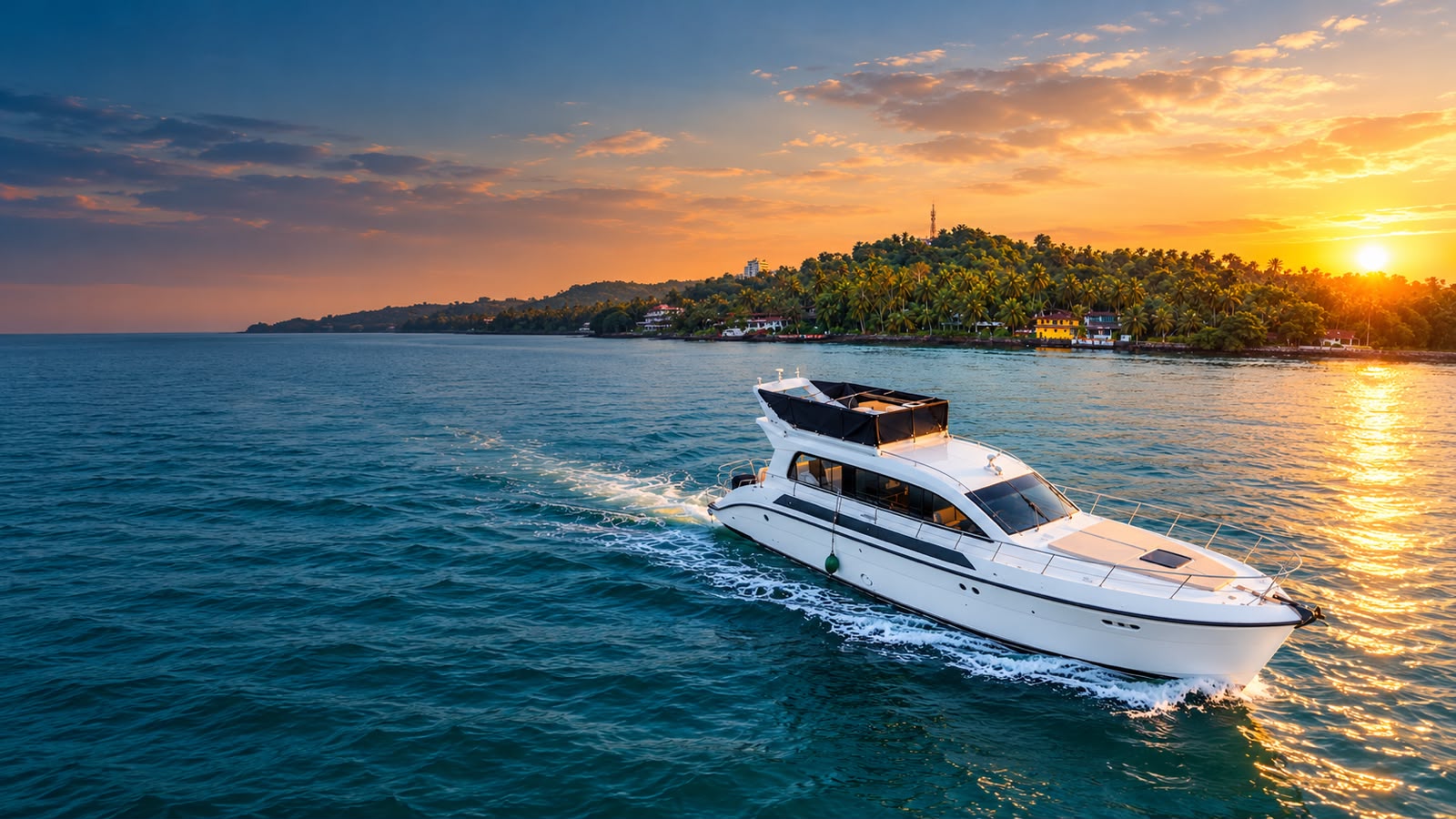 Private yacht cruising near a palm-lined Goa coast at sunset