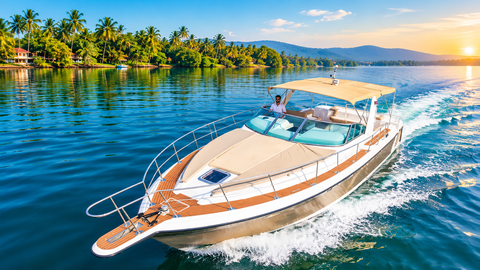 Private luxury yacht cruising a palm-lined Goa waterway at sunset