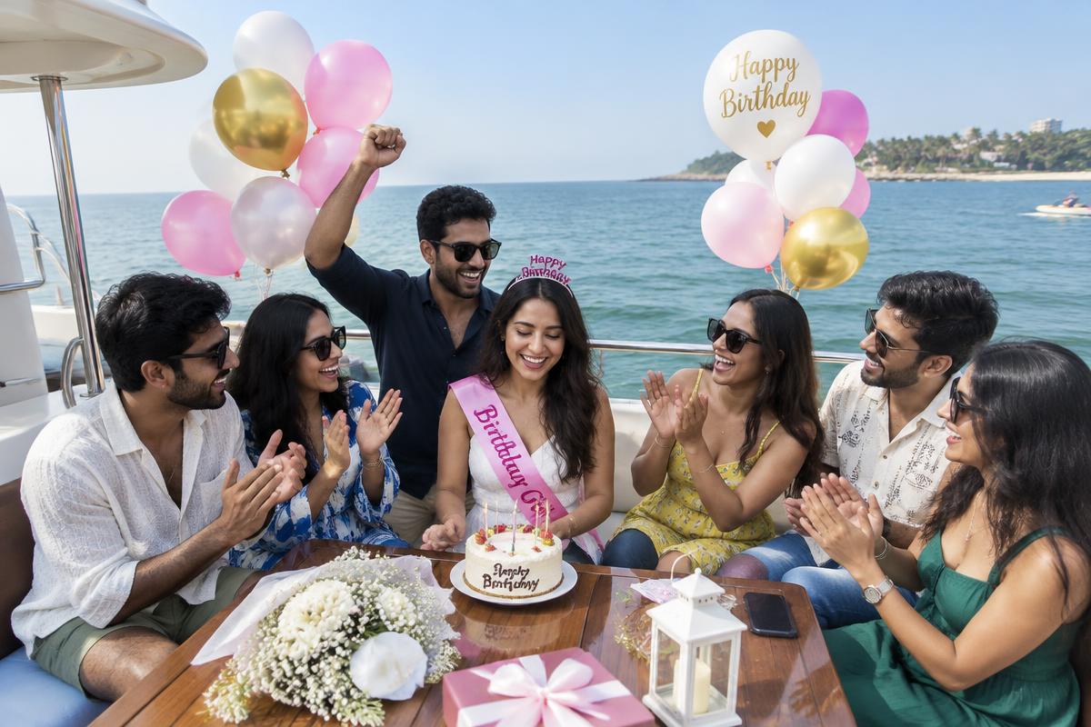 Friends celebrating a birthday with cake and balloons on a yacht deck in Goa